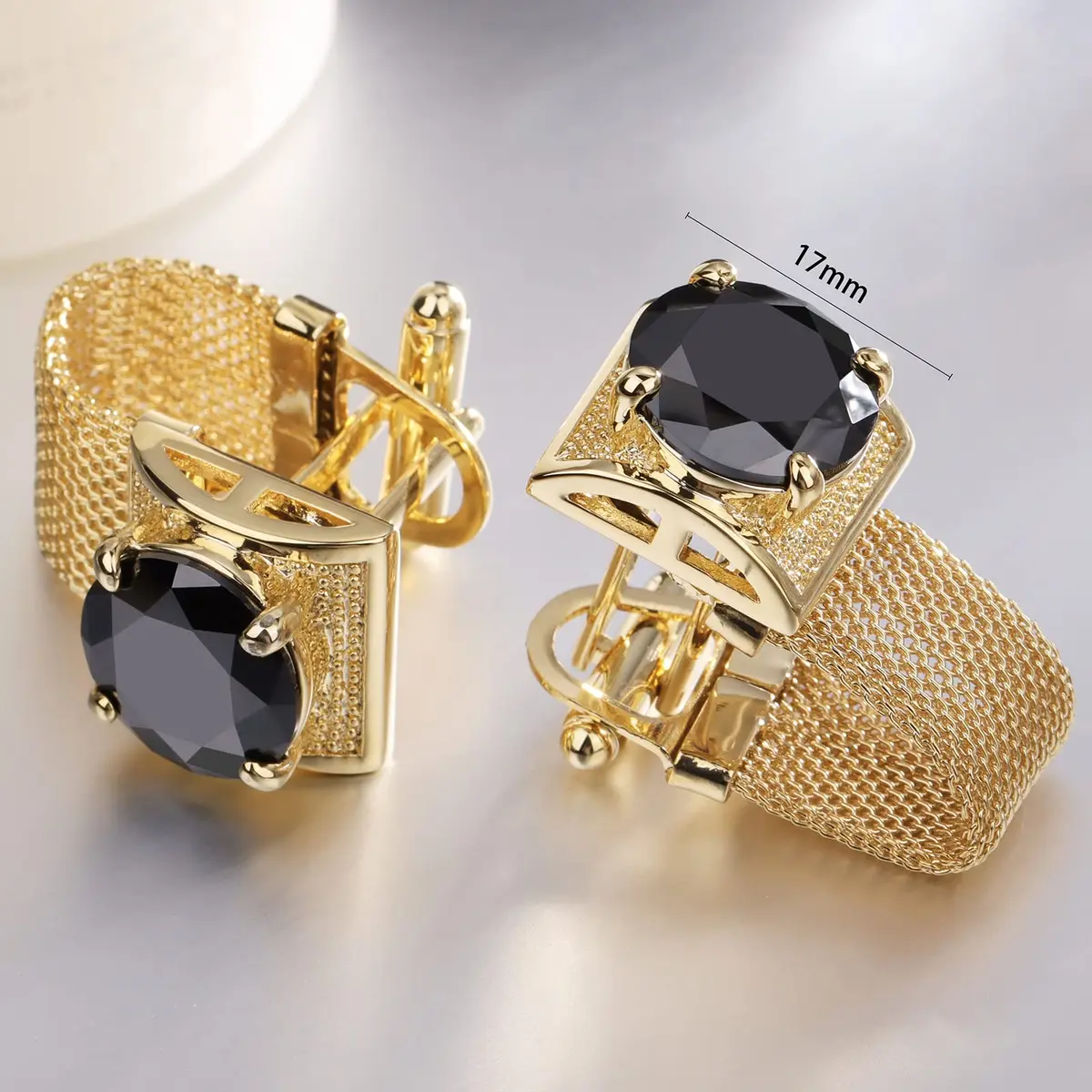 HAWSON Gold Color Black Crystal Flower Cufflinks with Chain | 1.7cm (0.67 Inch) Set of 2 - view 5