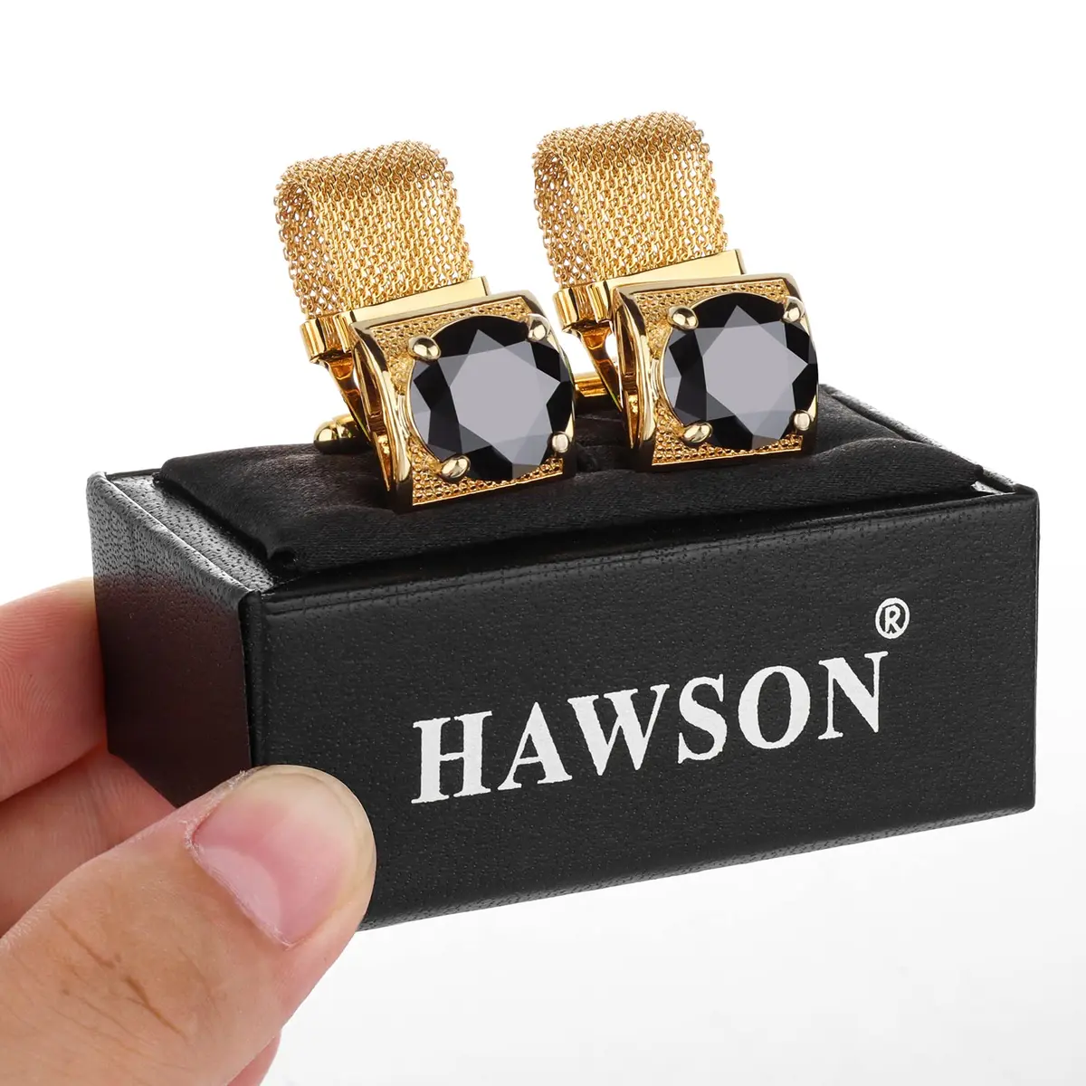 HAWSON Gold Color Black Crystal Flower Cufflinks with Chain | 1.7cm (0.67 Inch) Set of 2 - view 6