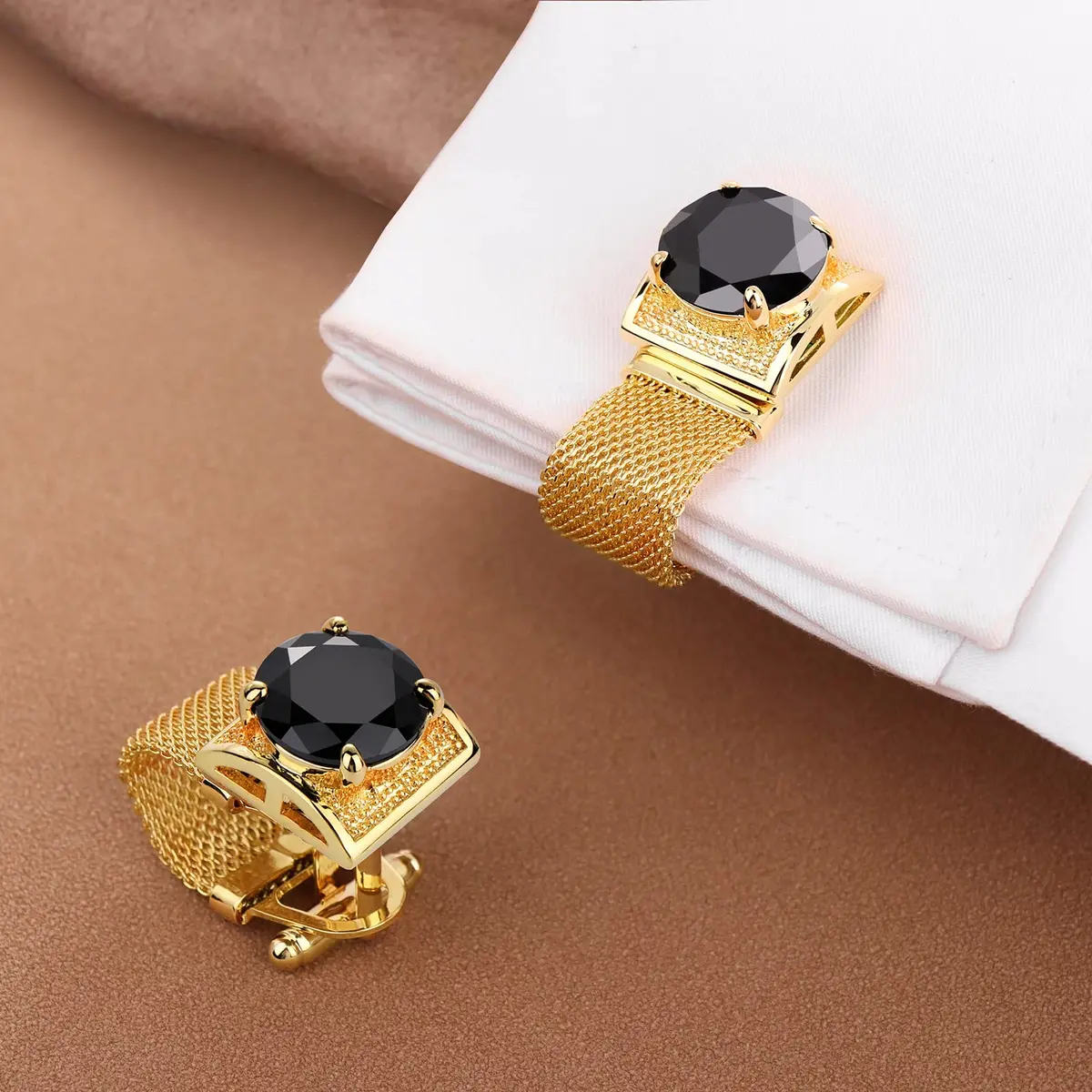 HAWSON Gold Color Black Crystal Flower Cufflinks with Chain | 1.7cm (0.67 Inch) Set of 2 - view 2