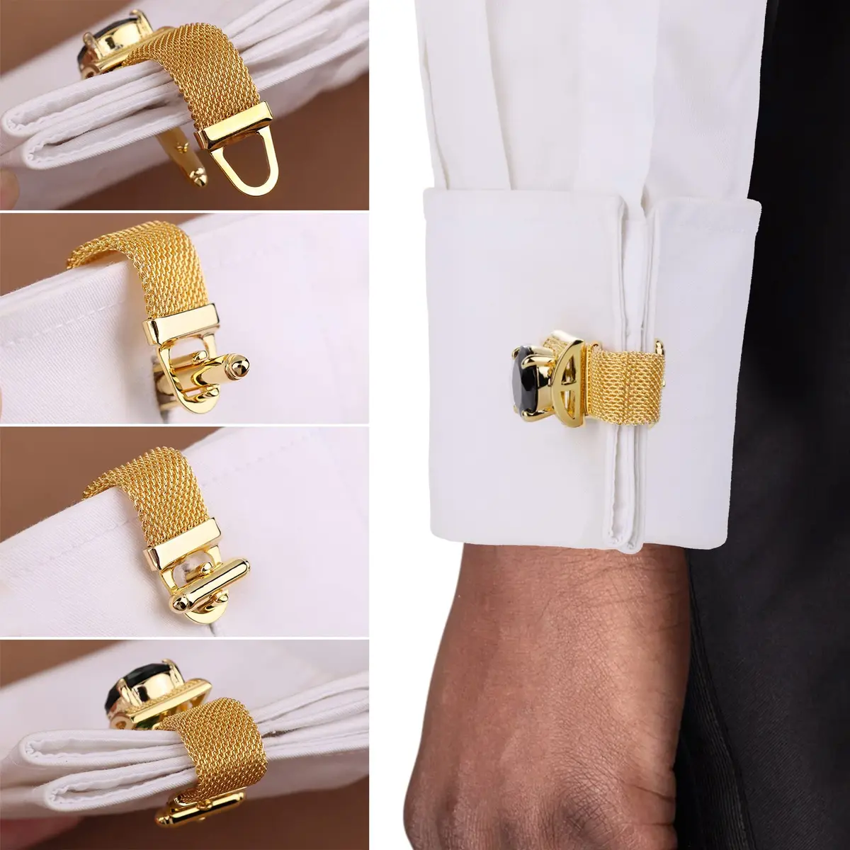 HAWSON Gold Color Black Crystal Flower Cufflinks with Chain | 1.7cm (0.67 Inch) Set of 2 - view 3
