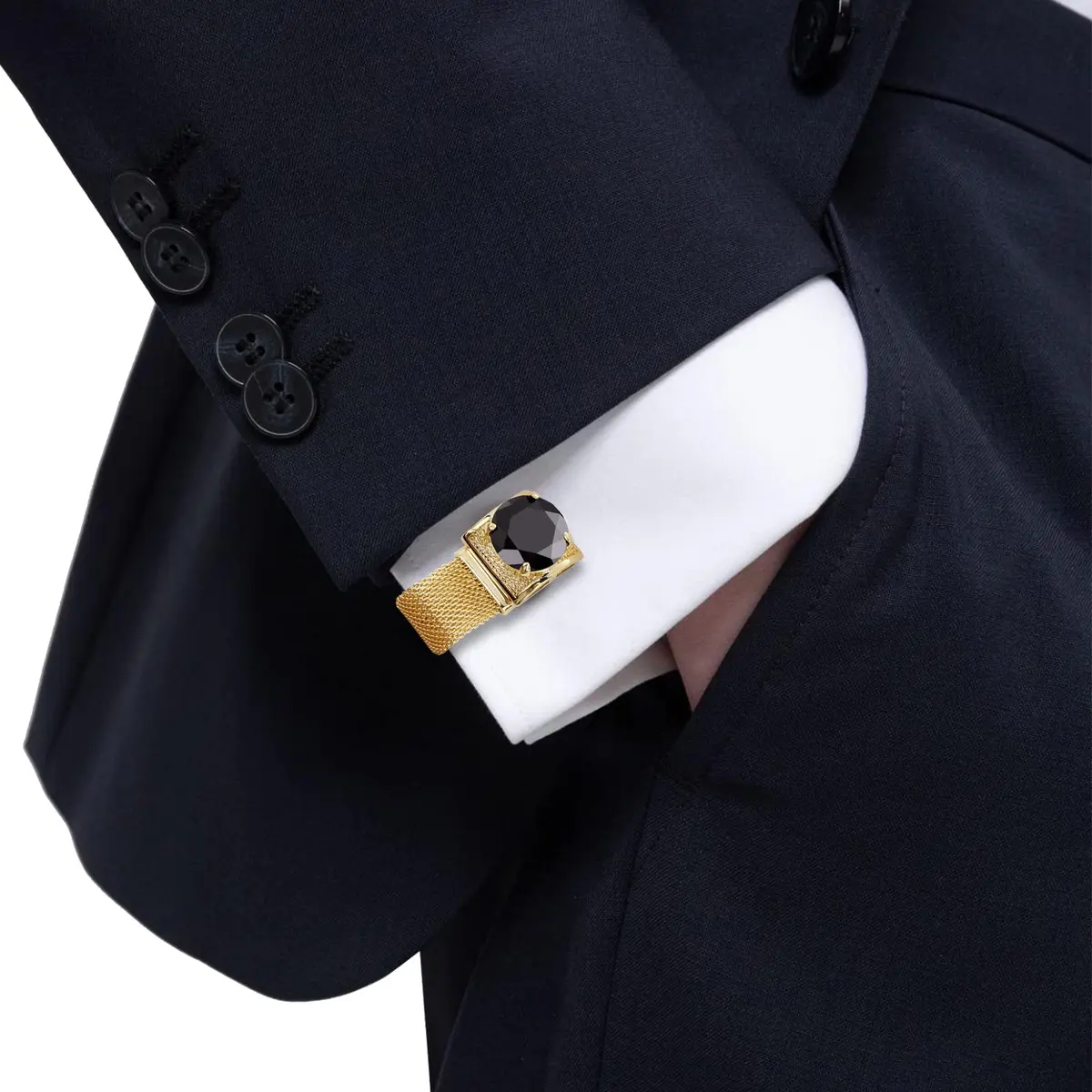 HAWSON Gold Color Black Crystal Flower Cufflinks with Chain | 1.7cm (0.67 Inch) Set of 2 - view 4