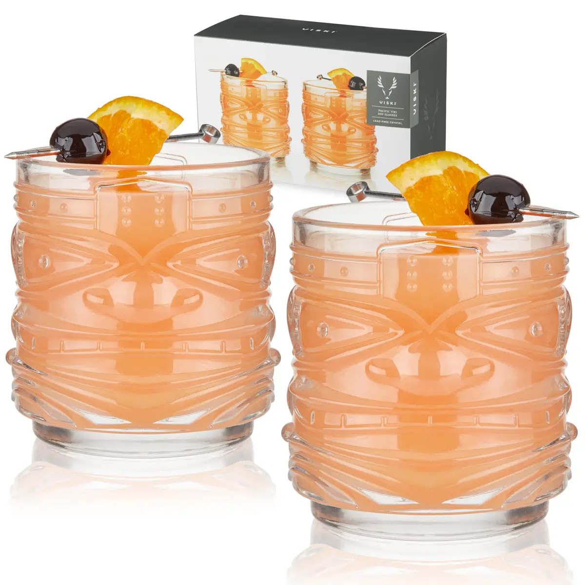 Viski Pacific Tiki Glasses Set of 2 | 12 Oz Tropical Cocktail Tumblers, Clear, Stackable, Unique Tiki Face Design - main product image