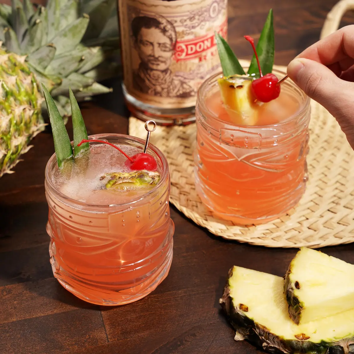 Viski Pacific Tiki Glasses Set of 2 | 12 Oz Tropical Cocktail Tumblers, Clear, Stackable, Unique Tiki Face Design - view 5