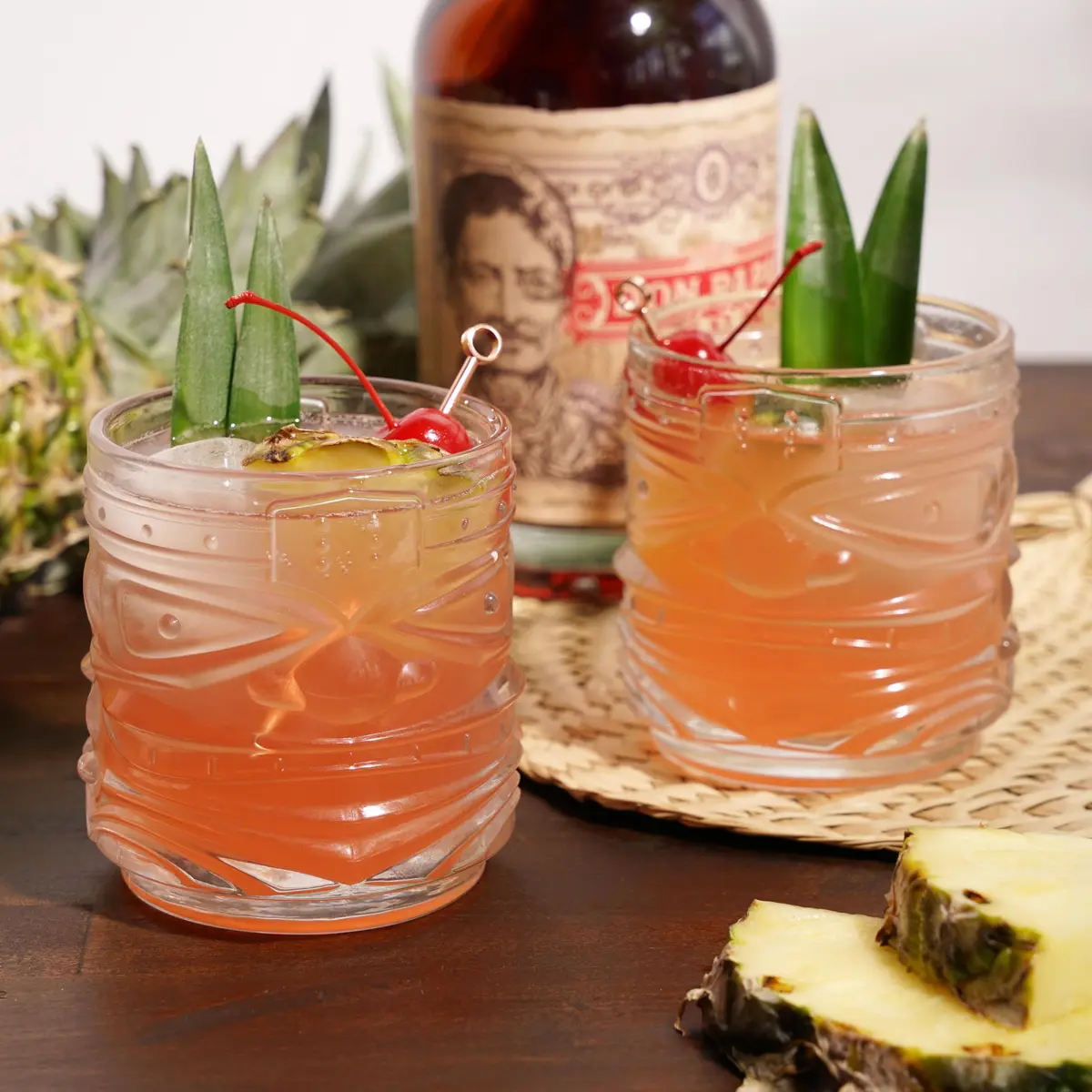 Viski Pacific Tiki Glasses Set of 2 | 12 Oz Tropical Cocktail Tumblers, Clear, Stackable, Unique Tiki Face Design - view 6