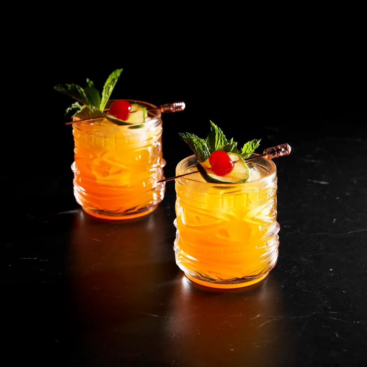 Viski Pacific Tiki Glasses Set of 2 | 12 Oz Tropical Cocktail Tumblers, Clear, Stackable, Unique Tiki Face Design - view 8