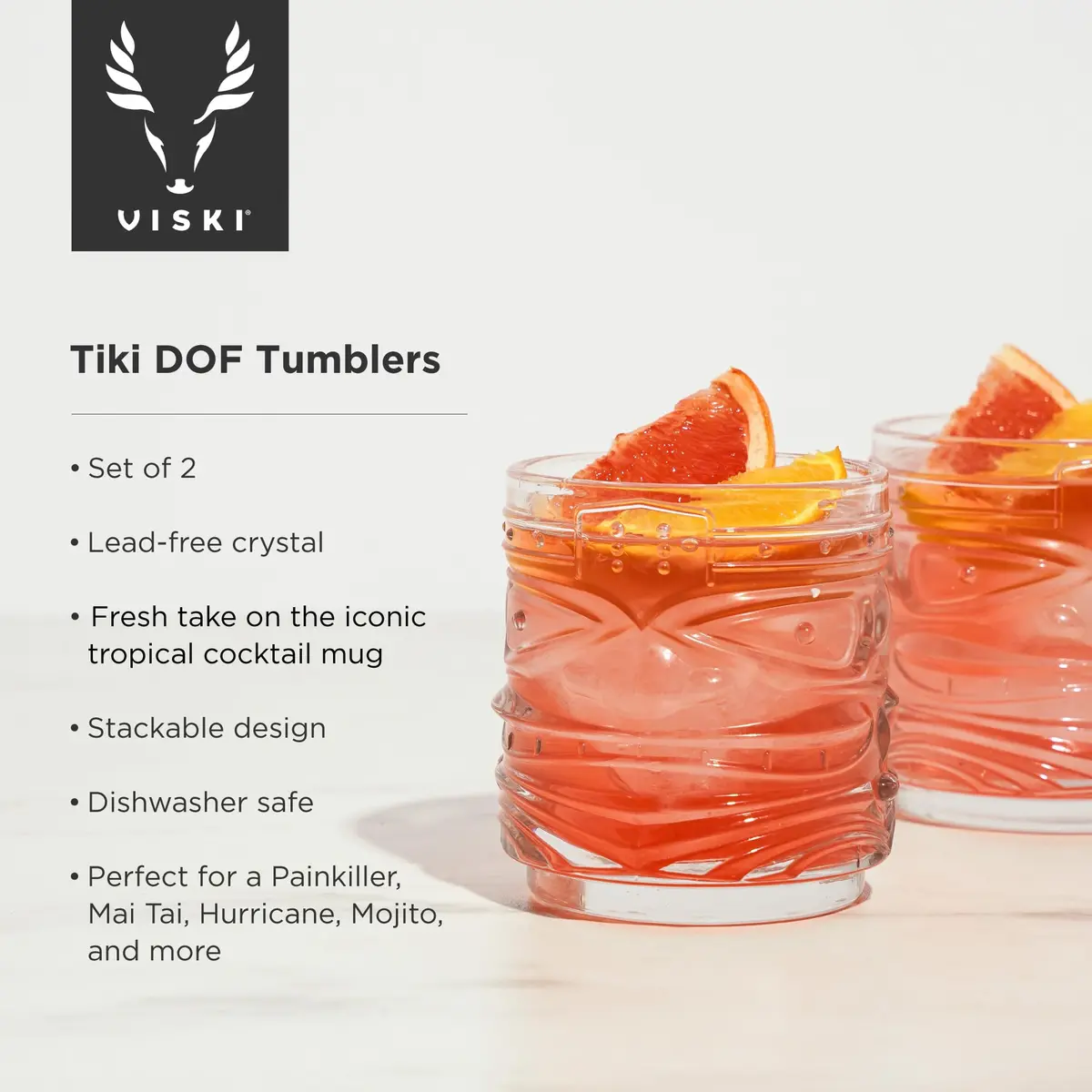 Viski Pacific Tiki Glasses Set of 2 | 12 Oz Tropical Cocktail Tumblers, Clear, Stackable, Unique Tiki Face Design - view 2