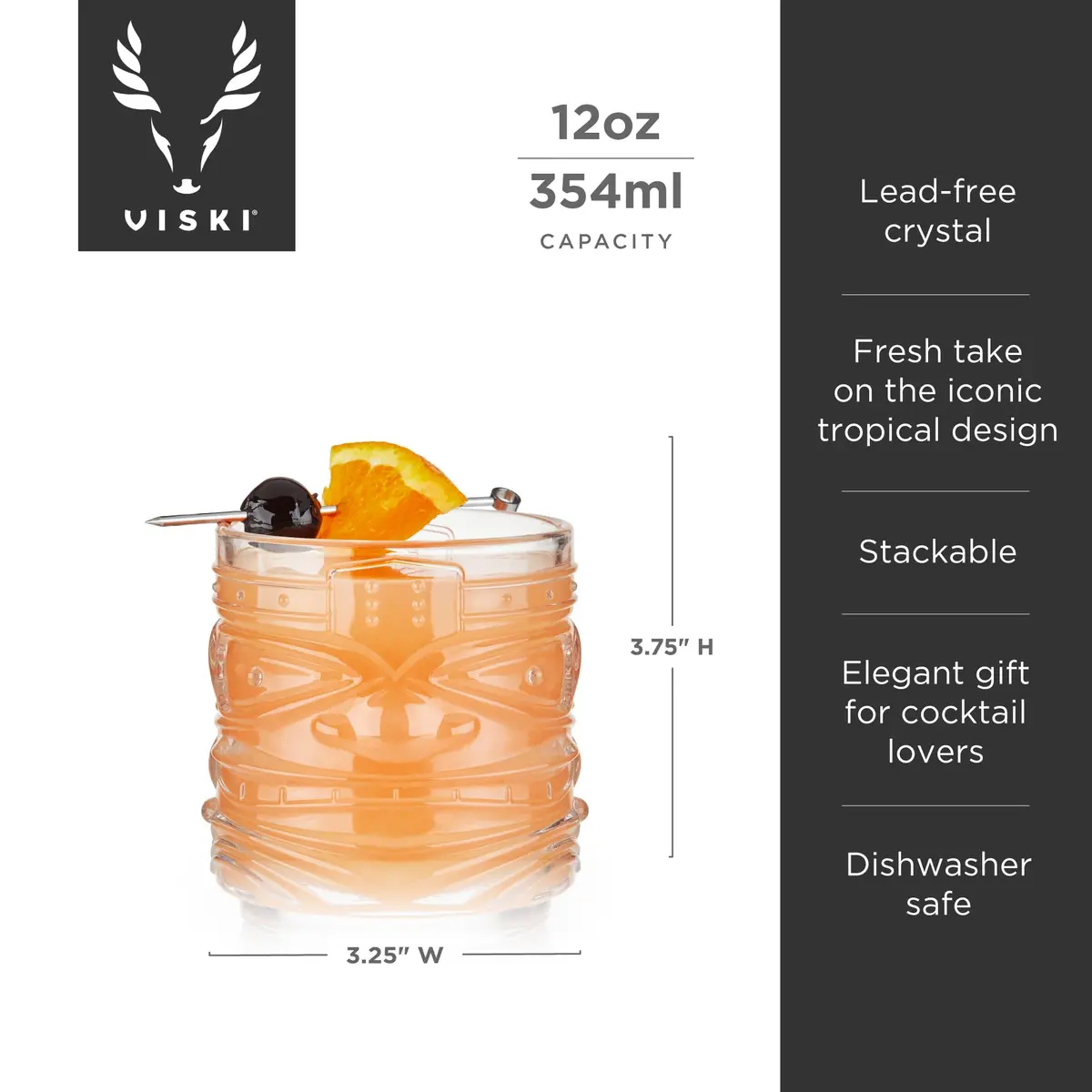 Viski Pacific Tiki Glasses Set of 2 | 12 Oz Tropical Cocktail Tumblers, Clear, Stackable, Unique Tiki Face Design - view 3