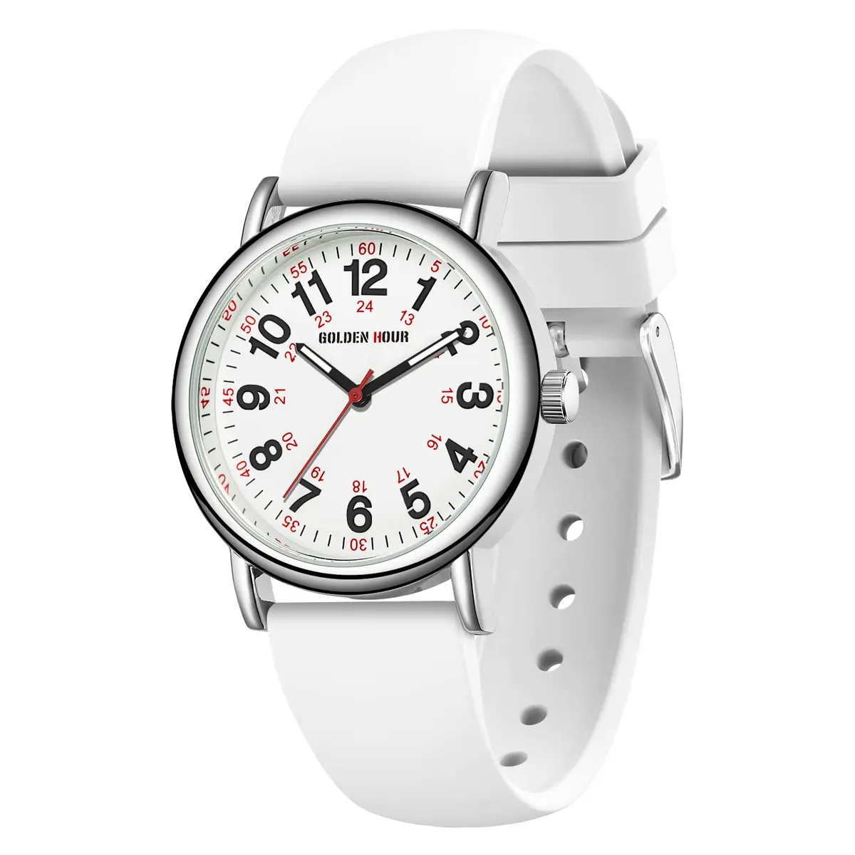GOLDEN HOUR Waterproof Nurse Watch 38mm White Silicone Band | Easy Read 12/24 Hour Dial, Second Hand, Medical-Style - main product image