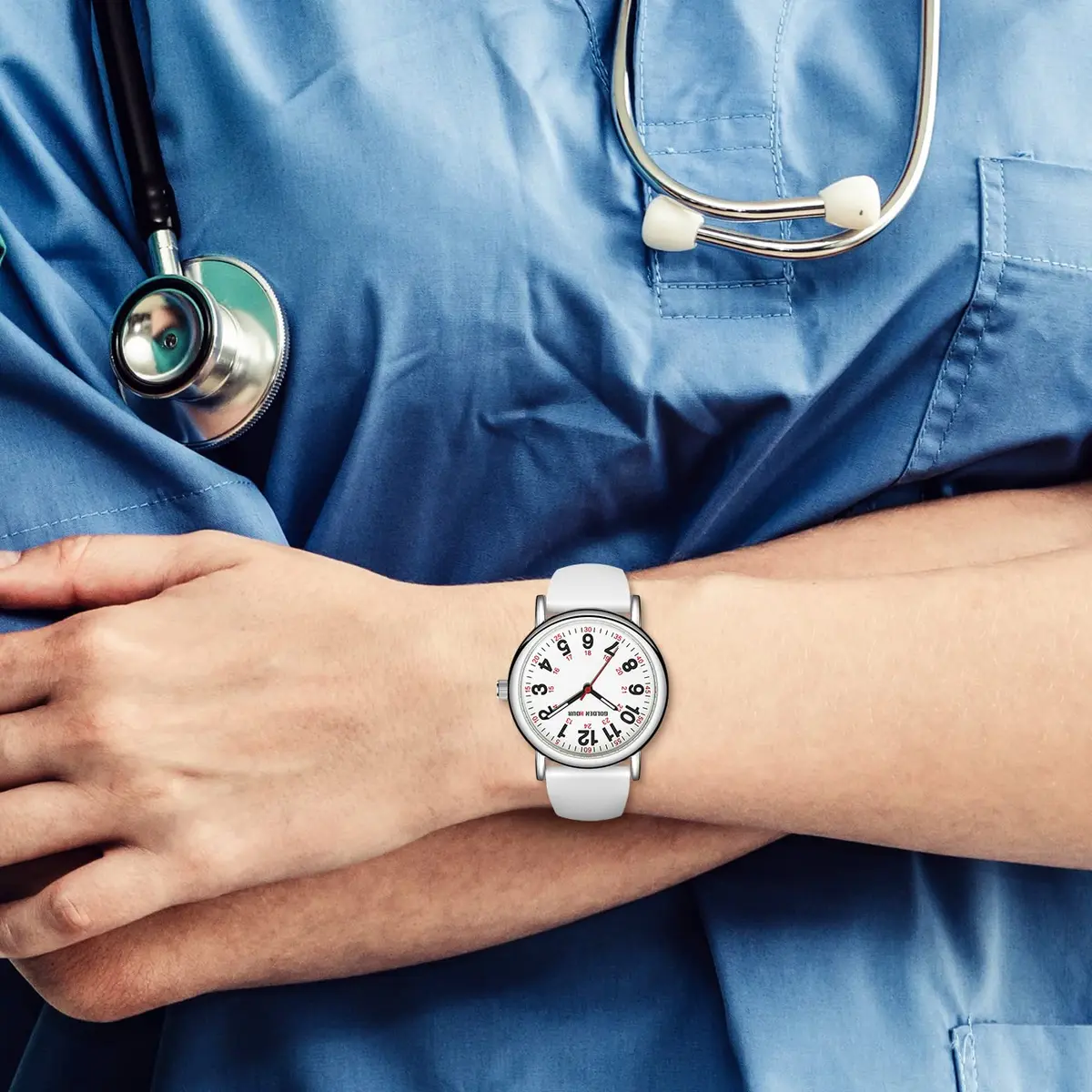 GOLDEN HOUR Waterproof Nurse Watch 38mm White Silicone Band | Easy Read 12/24 Hour Dial, Second Hand, Medical-Style - view 8