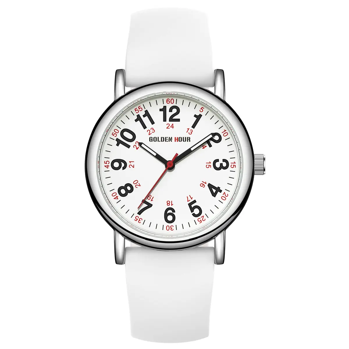GOLDEN HOUR Waterproof Nurse Watch 38mm White Silicone Band | Easy Read 12/24 Hour Dial, Second Hand, Medical-Style - view 2