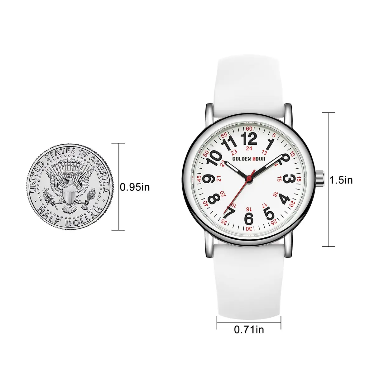 GOLDEN HOUR Waterproof Nurse Watch 38mm White Silicone Band | Easy Read 12/24 Hour Dial, Second Hand, Medical-Style - view 4