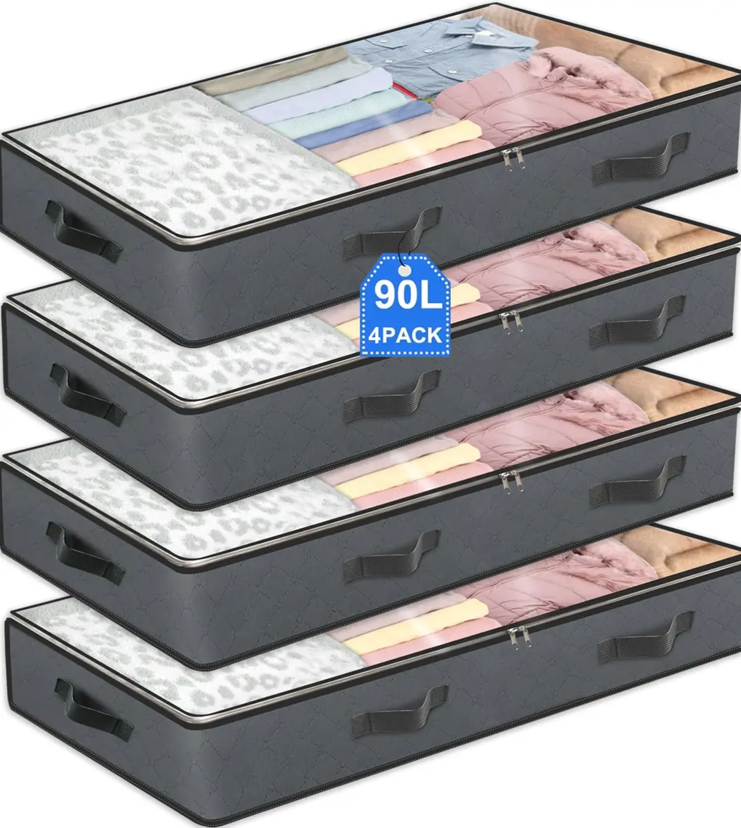 BiCINE 95L Under Bed Storage Containers 4 Pack | 240cm x 127cm x 18cm Foldable Closet Organizers - main product image
