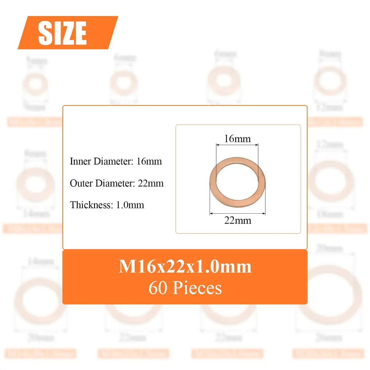 HELIFOUNER M16x22x1.0mm Copper Washers 60 Pieces | Sealing & Heat Resistant Metric Flat Washers - view 3