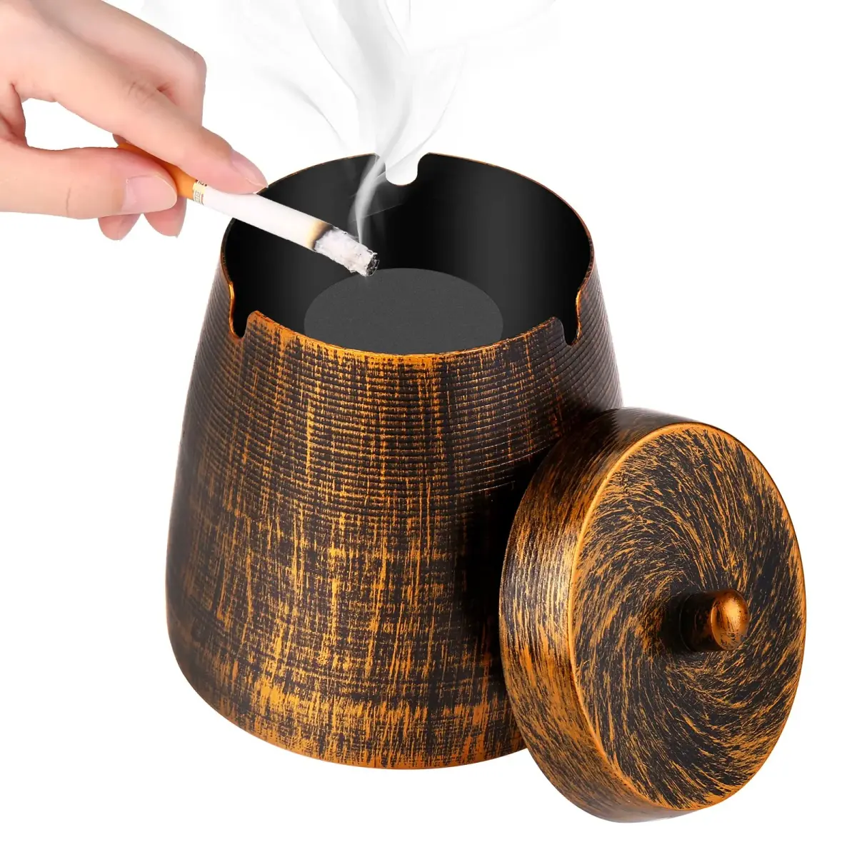 hargtar Outdoor Ashtray with Lid, Bronze Stainless Steel | Windproof & Odorless Tabletop Ashtray - main product image