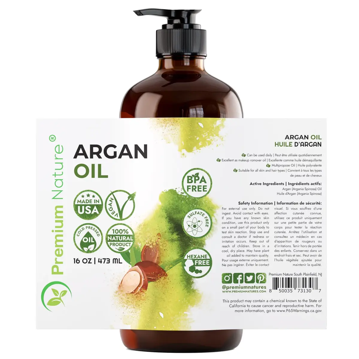 Premium Nature Organic Argan Oil for Hair Growth & Skin Serum 473ml (16 Fl Oz) | Pure Cold Pressed Moroccan Oil for Dry, Damaged, Curly, Frizzy Hair - view 2