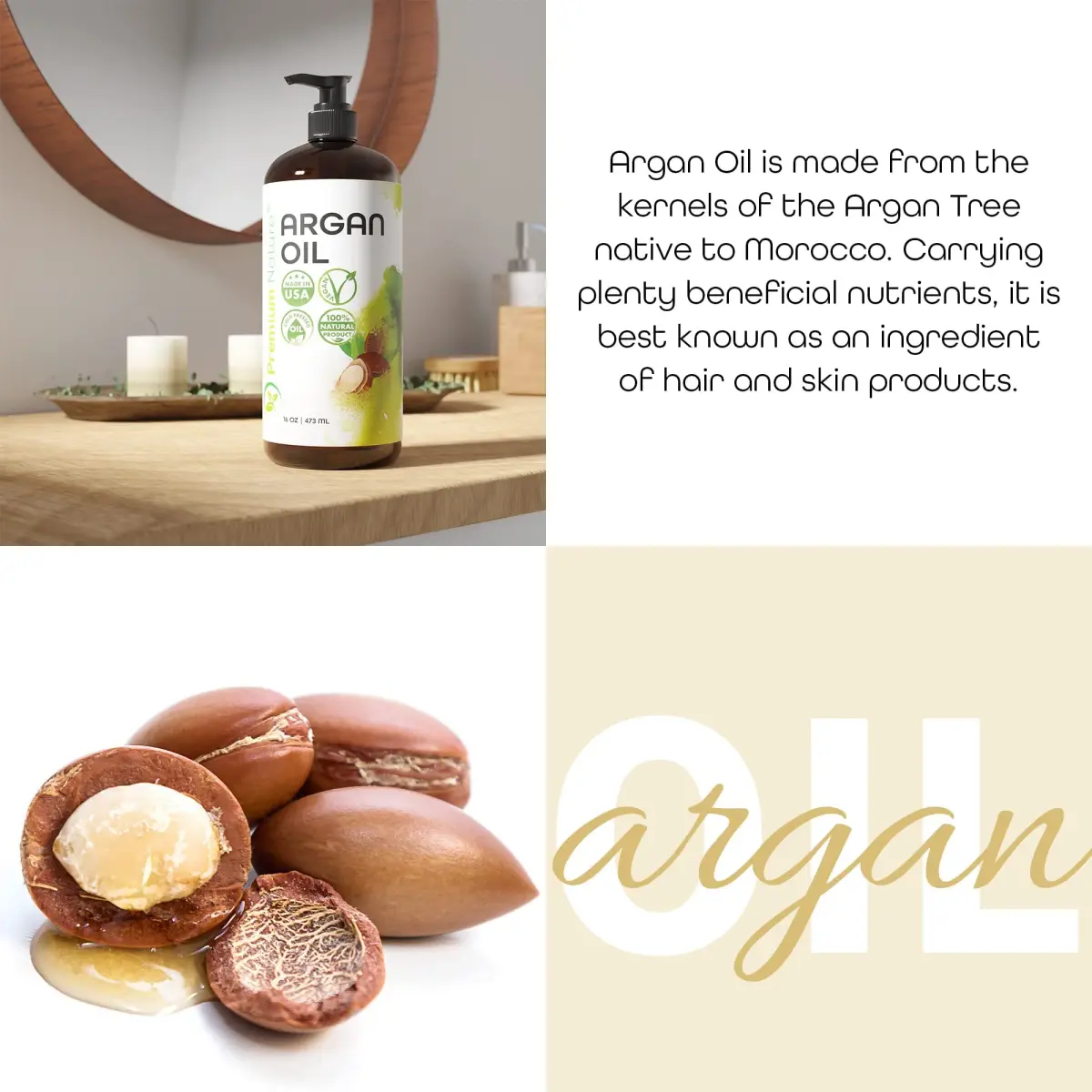 Premium Nature Organic Argan Oil for Hair Growth & Skin Serum 473ml (16 Fl Oz) | Pure Cold Pressed Moroccan Oil for Dry, Damaged, Curly, Frizzy Hair - view 3