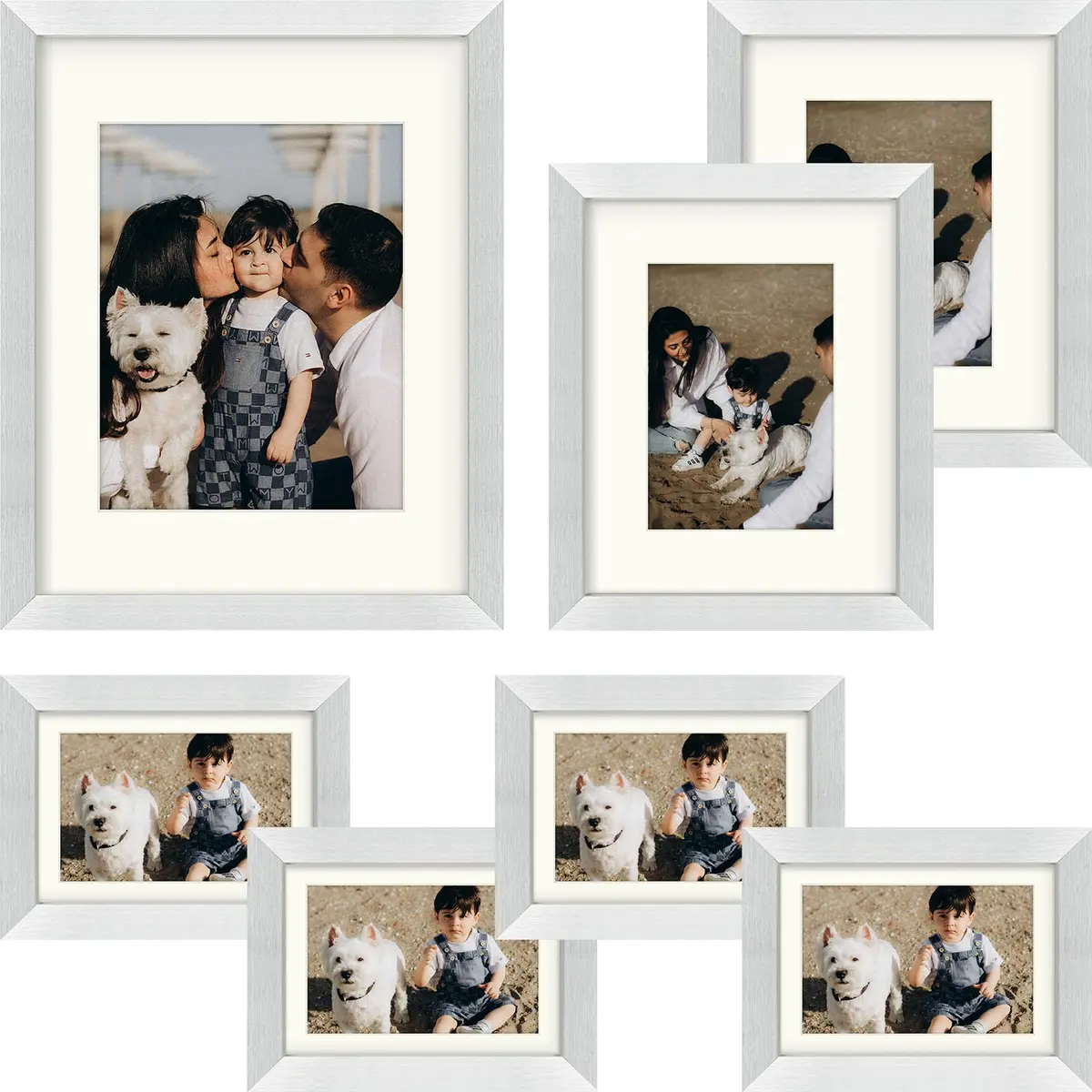Frametory Gallery Wall Frame Set of 7 Multiple Sizes | Elegant Silver Finish with Ivory Mats - main product image