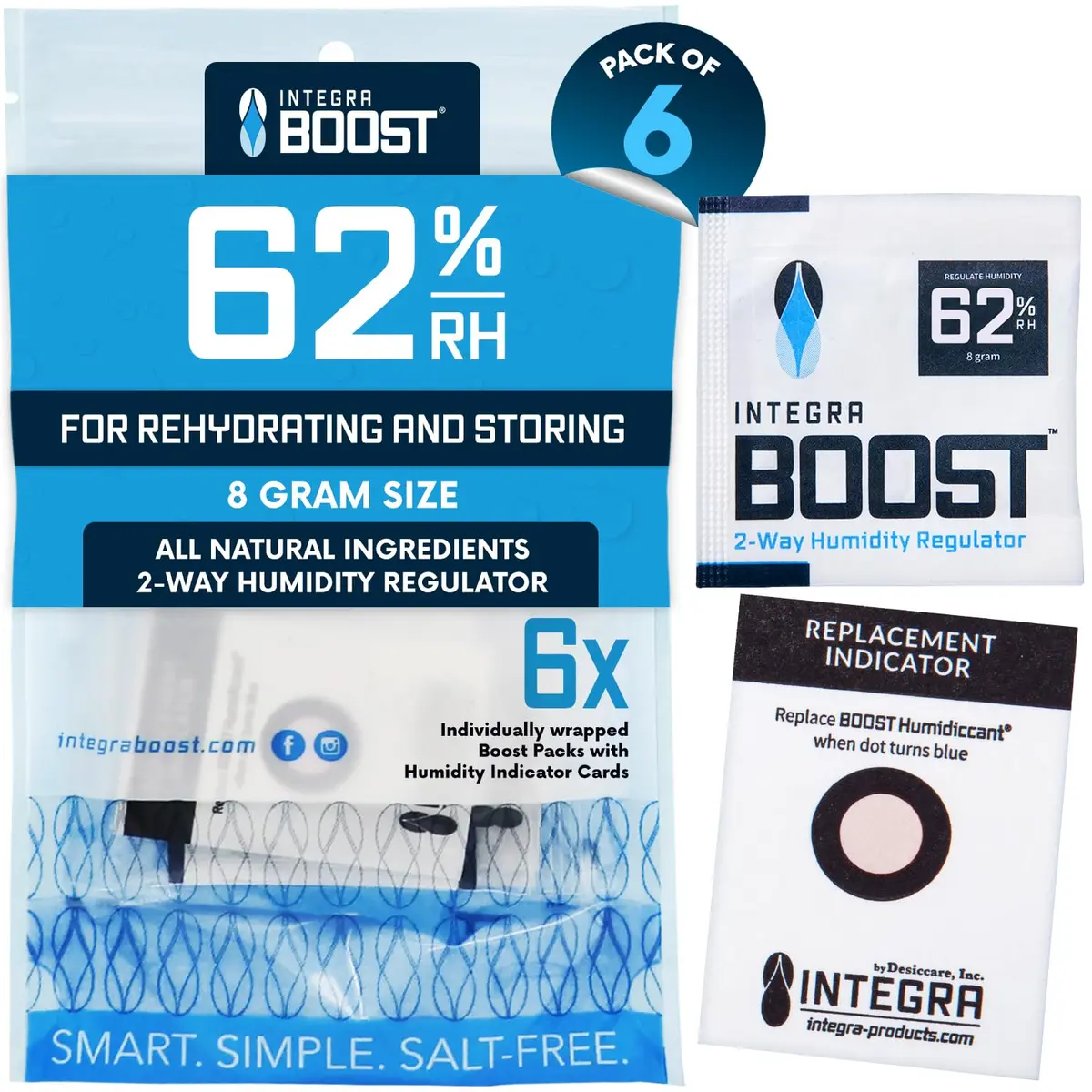 Integra Boost 62% RH 2-Way Humidity Control Pack 8g (0.28 oz) — Pack of 6 | Maintains Ideal Humidity for Herbs, Spices, and Pantry Items - main product image
