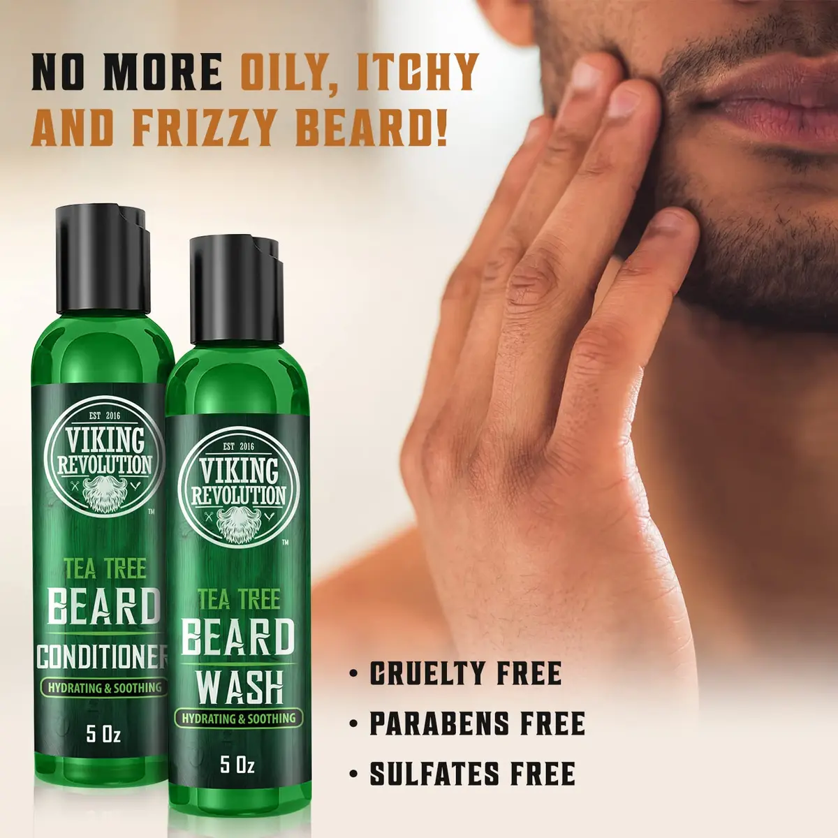 Viking Revolution Beard Wash & Conditioner Set Tea Tree 300ml (10 Fl Oz) | Cleans Softens & Conditions for Healthy Beard Growth - view 2