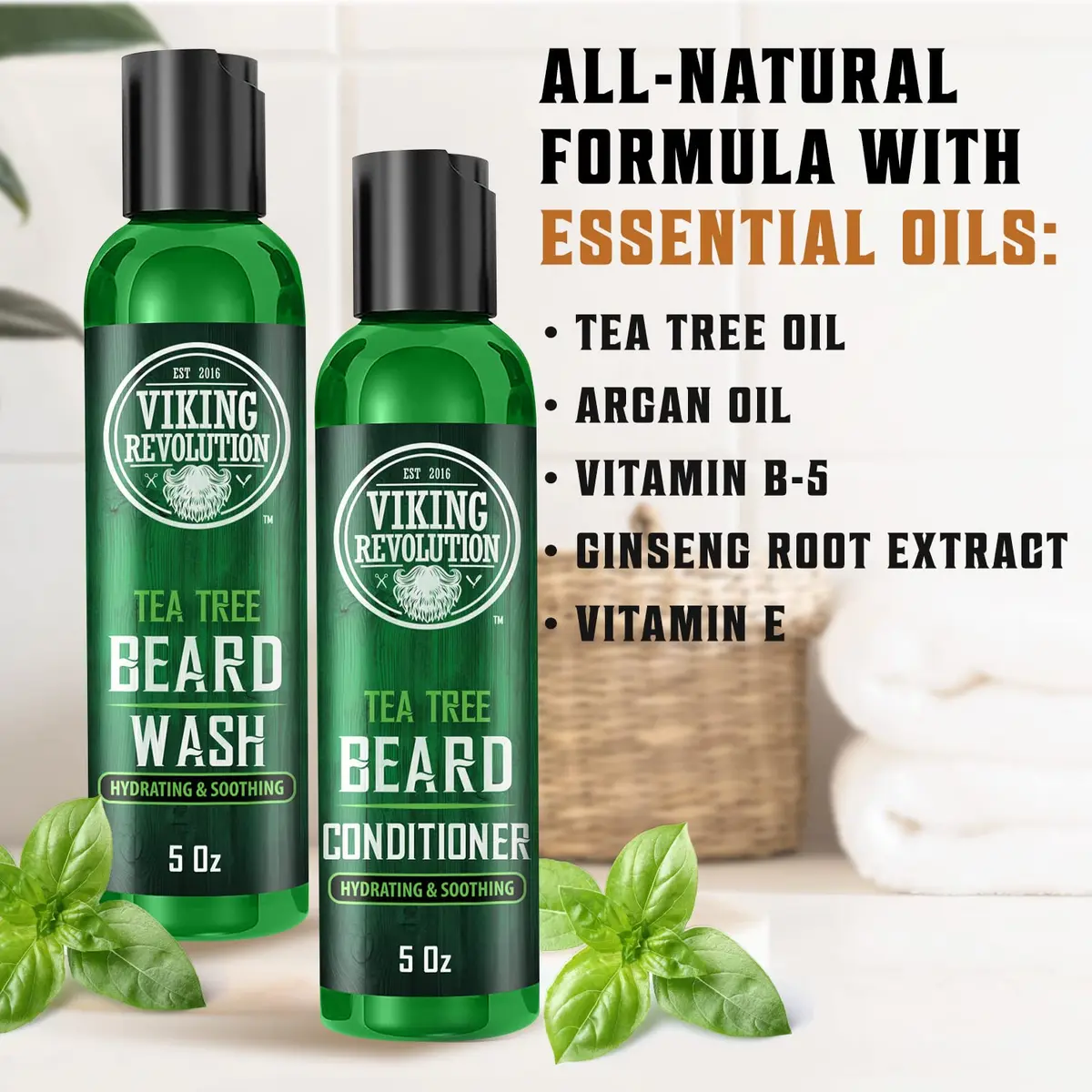 Viking Revolution Beard Wash & Conditioner Set Tea Tree 300ml (10 Fl Oz) | Cleans Softens & Conditions for Healthy Beard Growth - view 3