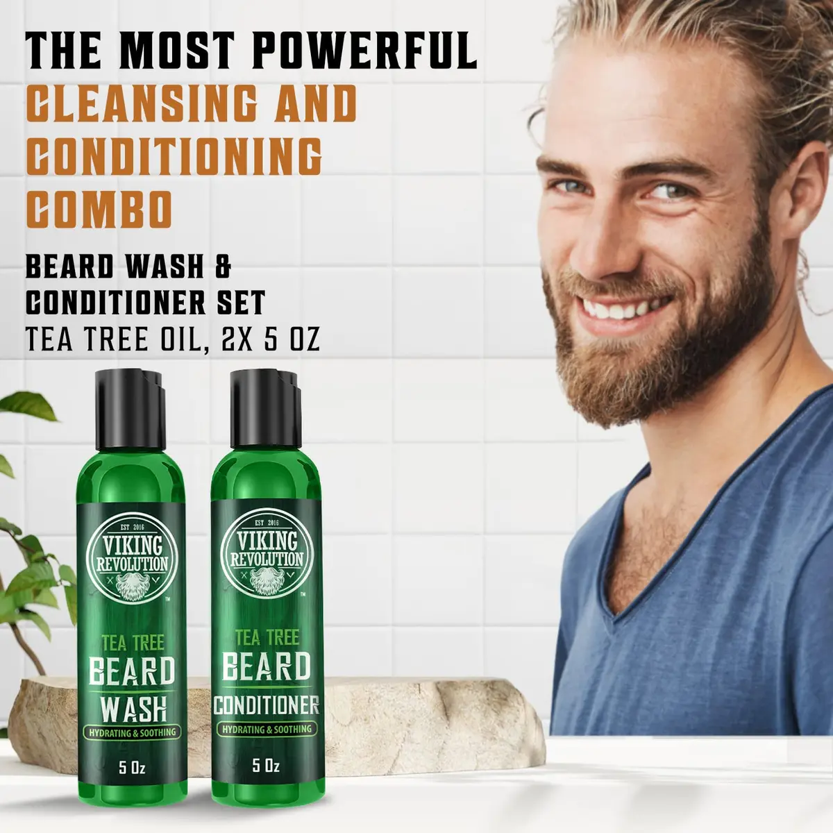 Viking Revolution Beard Wash & Conditioner Set Tea Tree 300ml (10 Fl Oz) | Cleans Softens & Conditions for Healthy Beard Growth - view 4