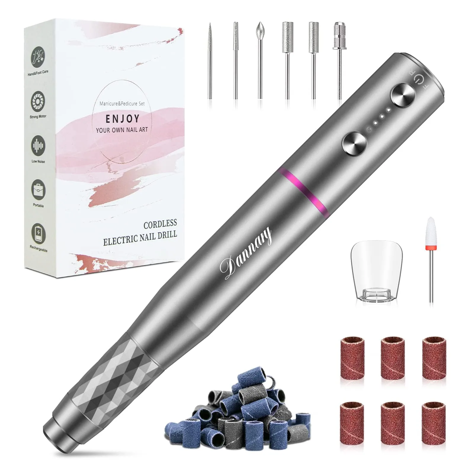 DANNARY Professional Electric Nail Drill Machine Cordless Efile Manicure Pedicure Kit with Bits, Grey - main product image