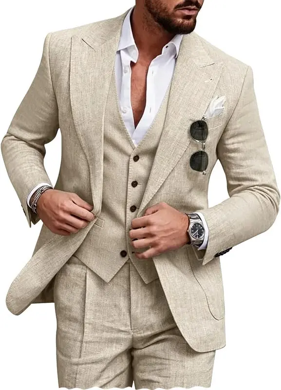 Wehilion Retro Beige Linen Mens Suit Peak Lapel Slim Fit Wedding Suits L-4236 | Summer Lightweight Breathable - main product image