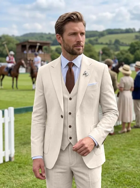 Wehilion Retro Beige Linen Mens Suit Peak Lapel Slim Fit Wedding Suits L-4236 | Summer Lightweight Breathable - view 11
