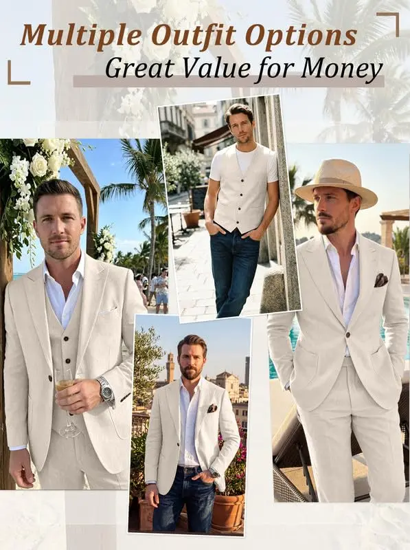 Wehilion Retro Beige Linen Mens Suit Peak Lapel Slim Fit Wedding Suits L-4236 | Summer Lightweight Breathable - view 4