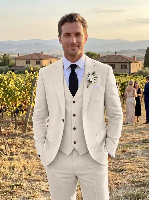 Wehilion Retro Beige Linen Mens Suit Peak Lapel Slim Fit Wedding Suits L-4236 | Summer Lightweight Breathable - view 6