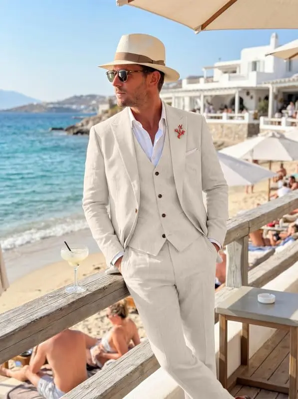 Wehilion Retro Beige Linen Mens Suit Peak Lapel Slim Fit Wedding Suits L-4236 | Summer Lightweight Breathable - view 8