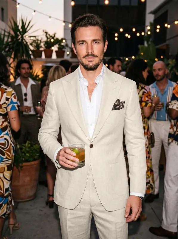 Wehilion Retro Beige Linen Mens Suit Peak Lapel Slim Fit Wedding Suits L-4236 | Summer Lightweight Breathable - view 9