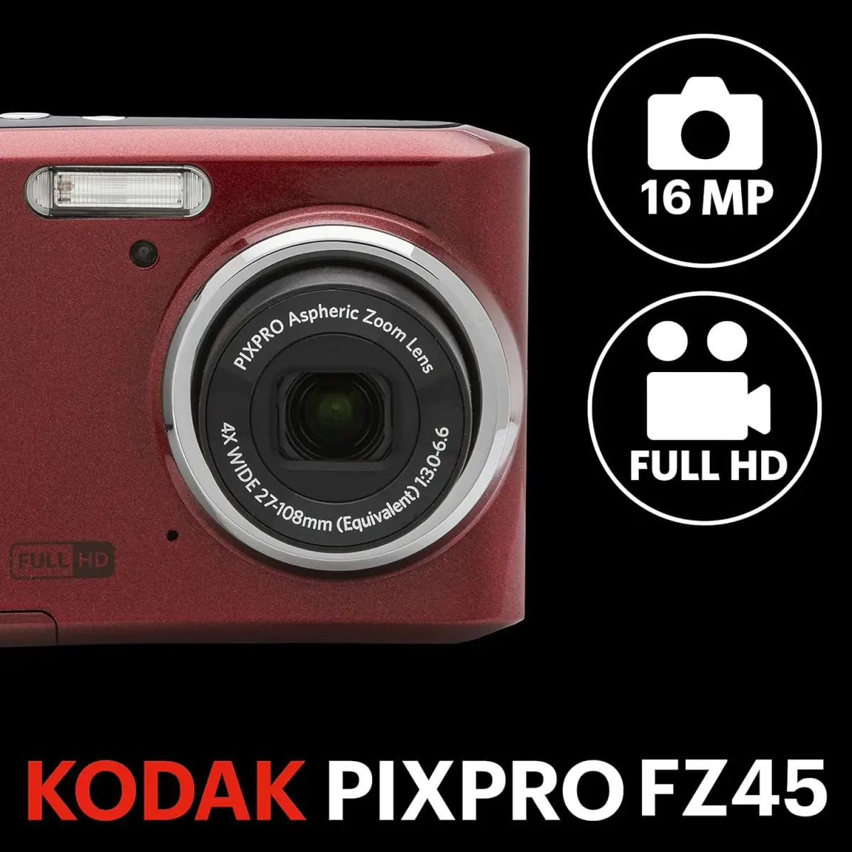 KODAK PIXPRO FZ45 Red Compact Digital Camera 91.9mm (3.62in) | 16MP CMOS Sensor, 4x Optical Zoom - view 3