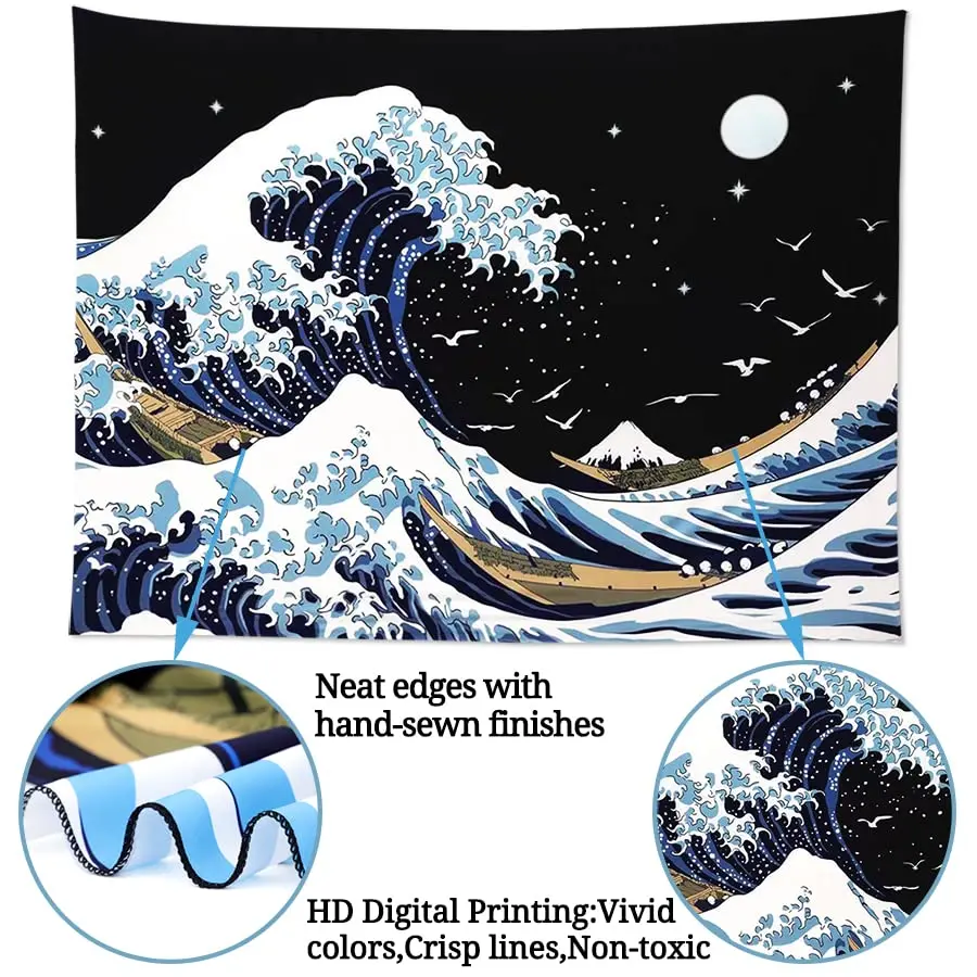 Pentasmile Wall Tapestry for Bedroom Aesthetic The Great Wave off Kanagawa 151cm x 130cm | Ocean Trippy Wall Decor - view 5