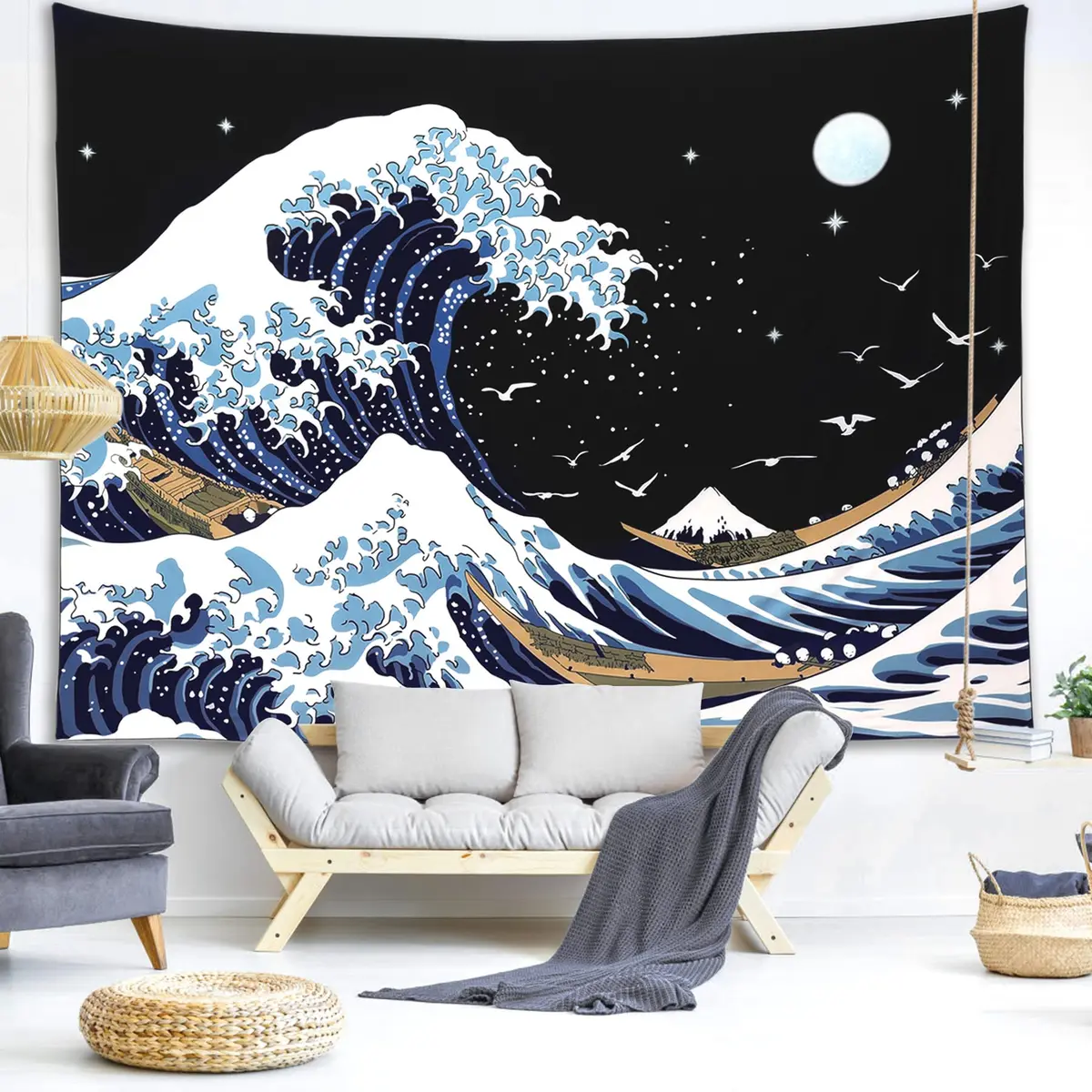 Pentasmile Wall Tapestry for Bedroom Aesthetic The Great Wave off Kanagawa 151cm x 130cm | Ocean Trippy Wall Decor - view 2
