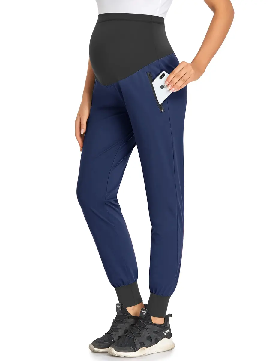 AMPOSH Women's Maternity Quick-Dry Pants Workout Joggers Pregnancy Sweatpants | Over the Belly Design, Elastic Waist, Zipper Pockets (M, Navy) - main product image
