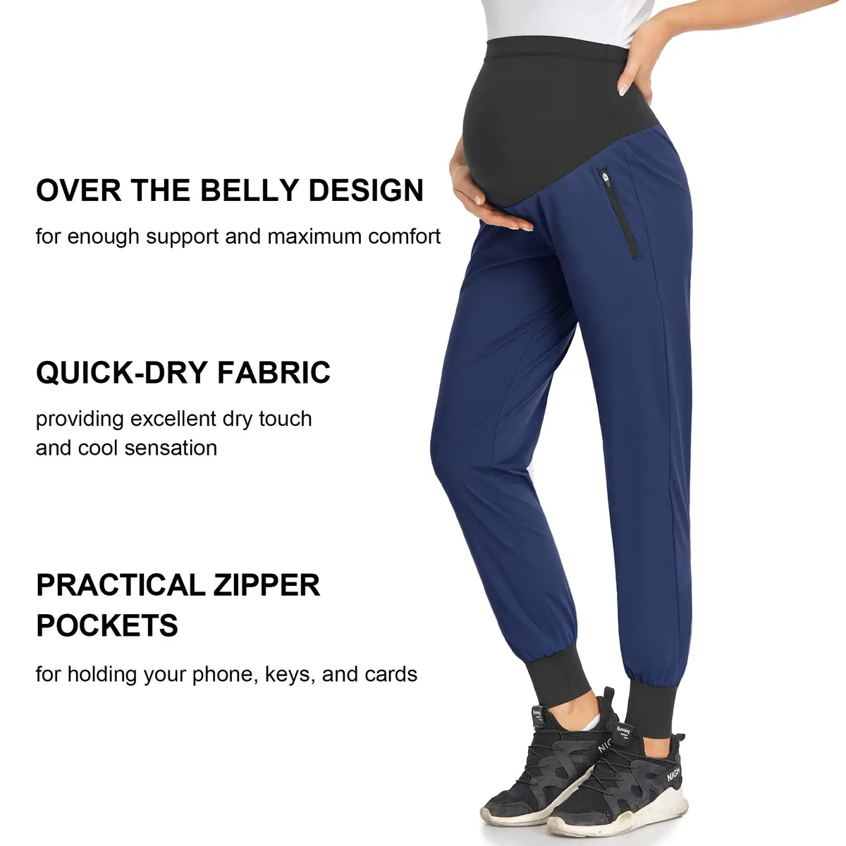AMPOSH Women's Maternity Quick-Dry Pants Workout Joggers Pregnancy Sweatpants | Over the Belly Design, Elastic Waist, Zipper Pockets (M, Navy) - view 2