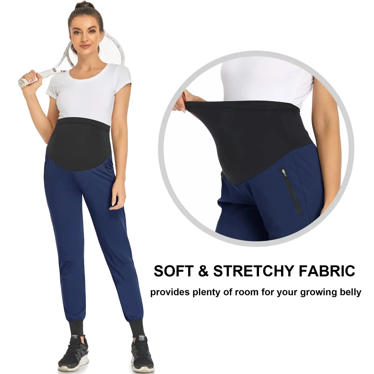 AMPOSH Women's Maternity Quick-Dry Pants Workout Joggers Pregnancy Sweatpants | Over the Belly Design, Elastic Waist, Zipper Pockets (M, Navy) - view 3