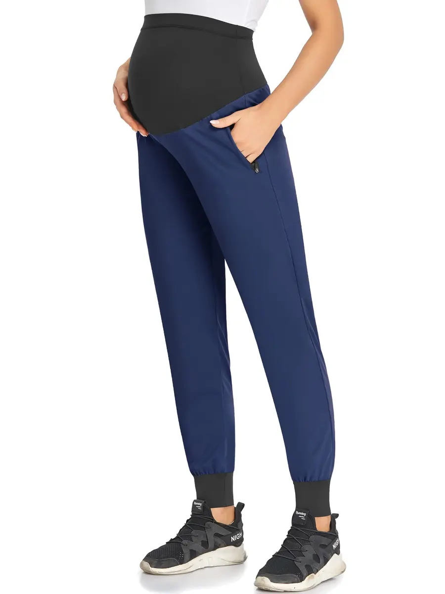 AMPOSH Women's Maternity Quick-Dry Pants Workout Joggers Pregnancy Sweatpants | Over the Belly Design, Elastic Waist, Zipper Pockets (M, Navy) - view 4