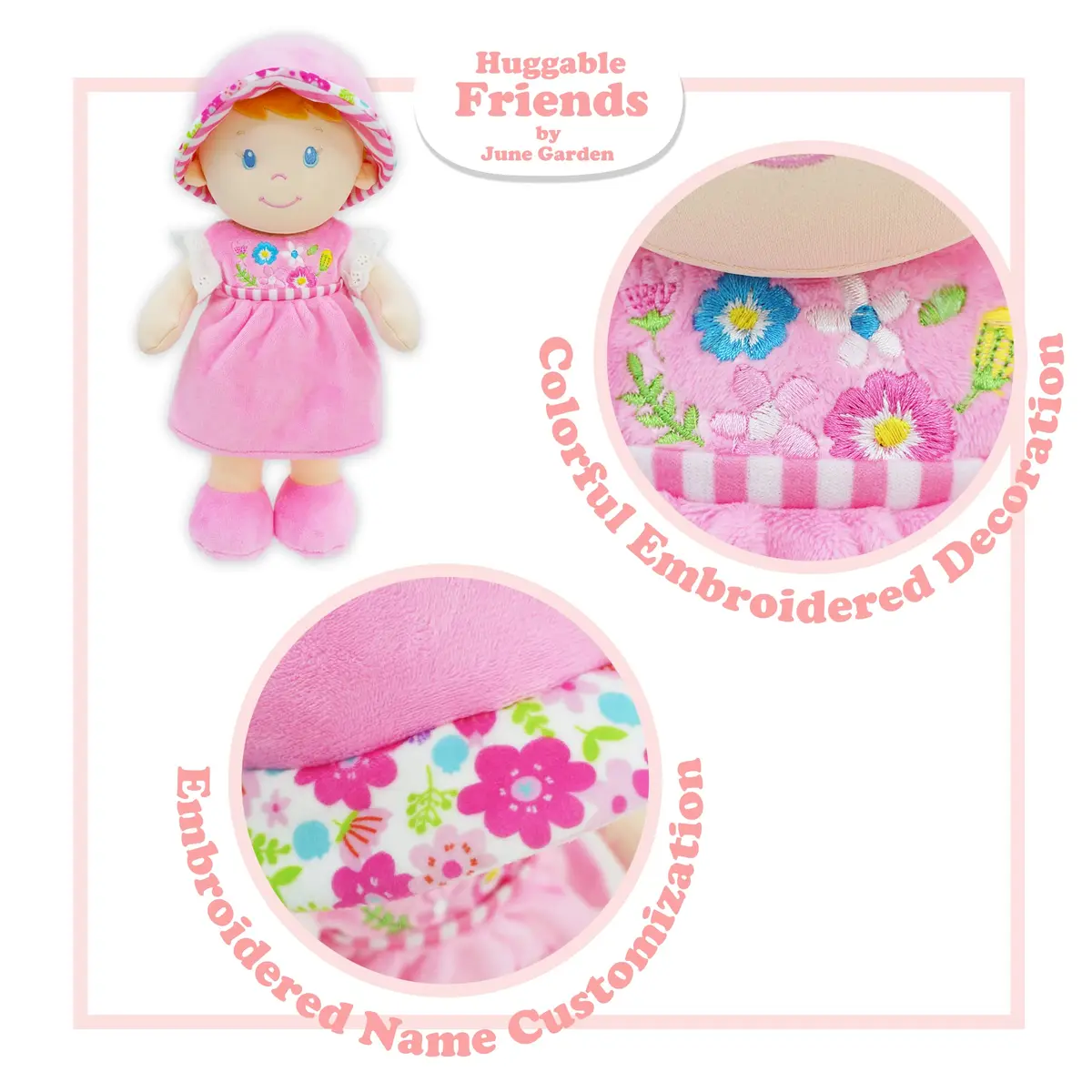 June Garden 12" Soft Dolly Emilia Plush Baby Doll, Pink Dress | Lightweight, cuddly toy for ages 0+ - view 3