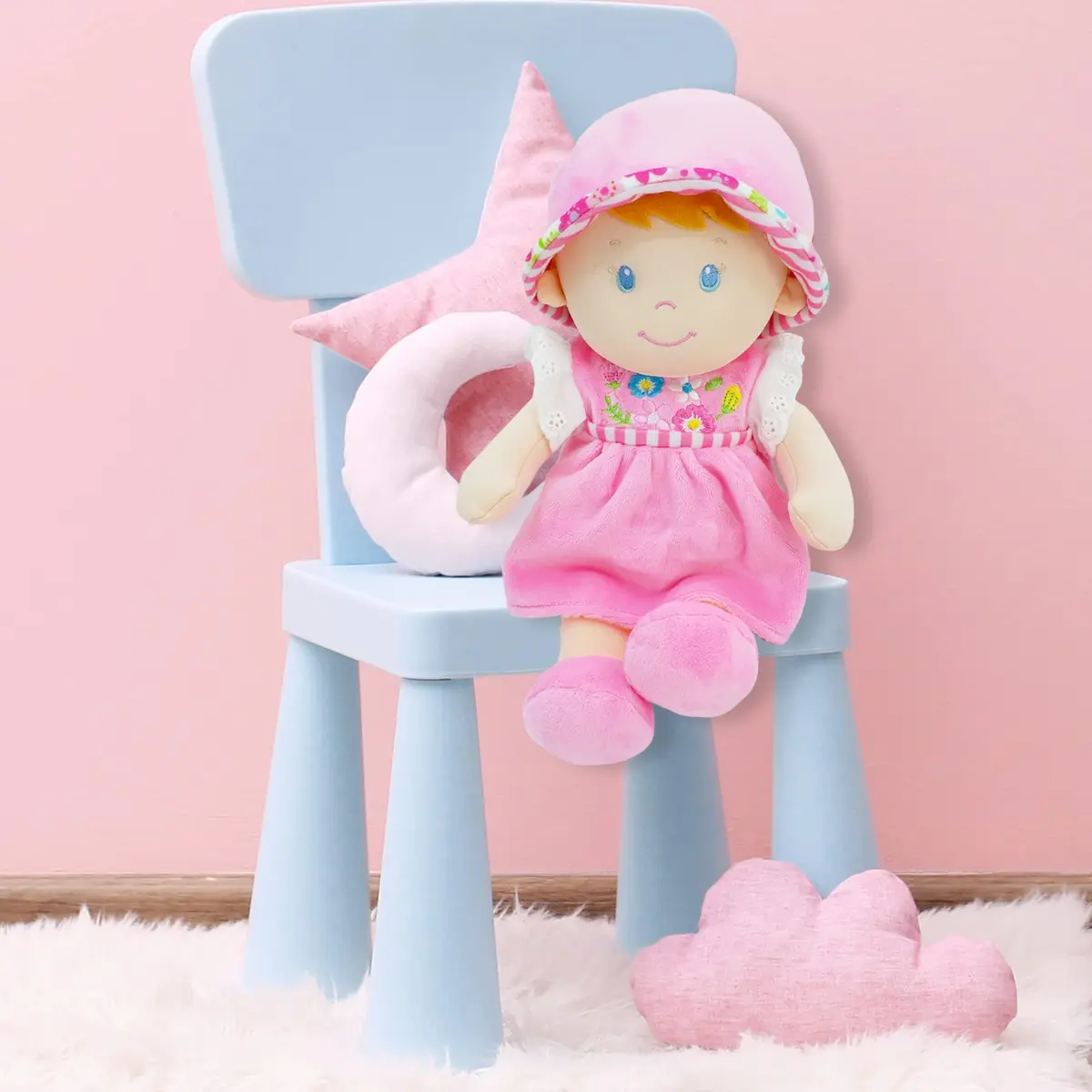 June Garden 12" Soft Dolly Emilia Plush Baby Doll, Pink Dress | Lightweight, cuddly toy for ages 0+ - view 4