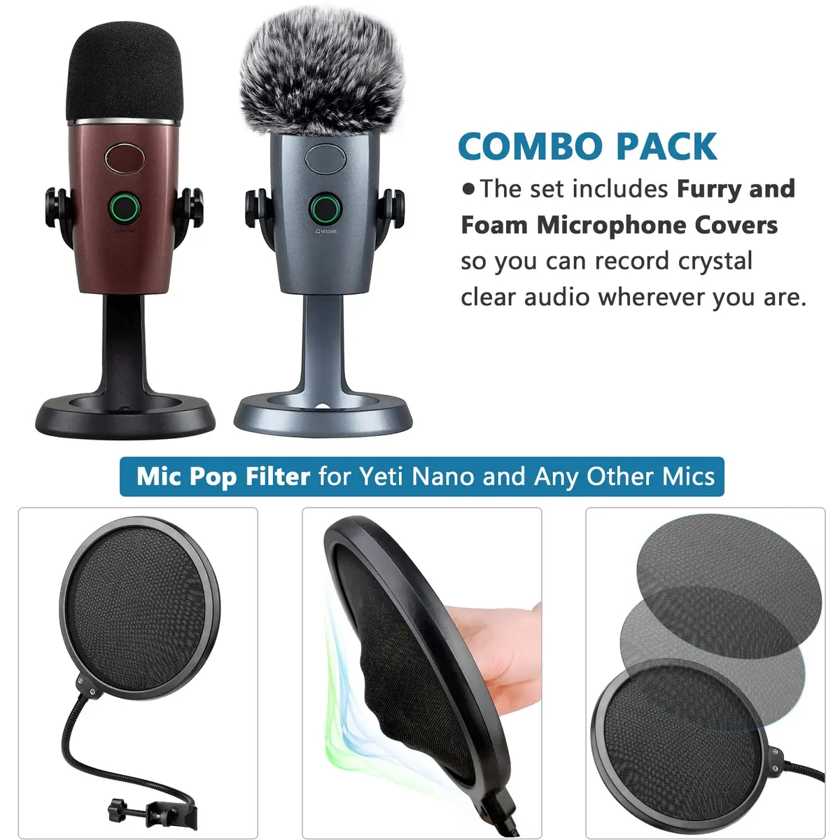 ChromLives 3-Pack Microphone Windscreen & Pop Filter Set for Blue Yeti Nano | Foam, Furry, and Dual-Layer Pop Filter - view 6