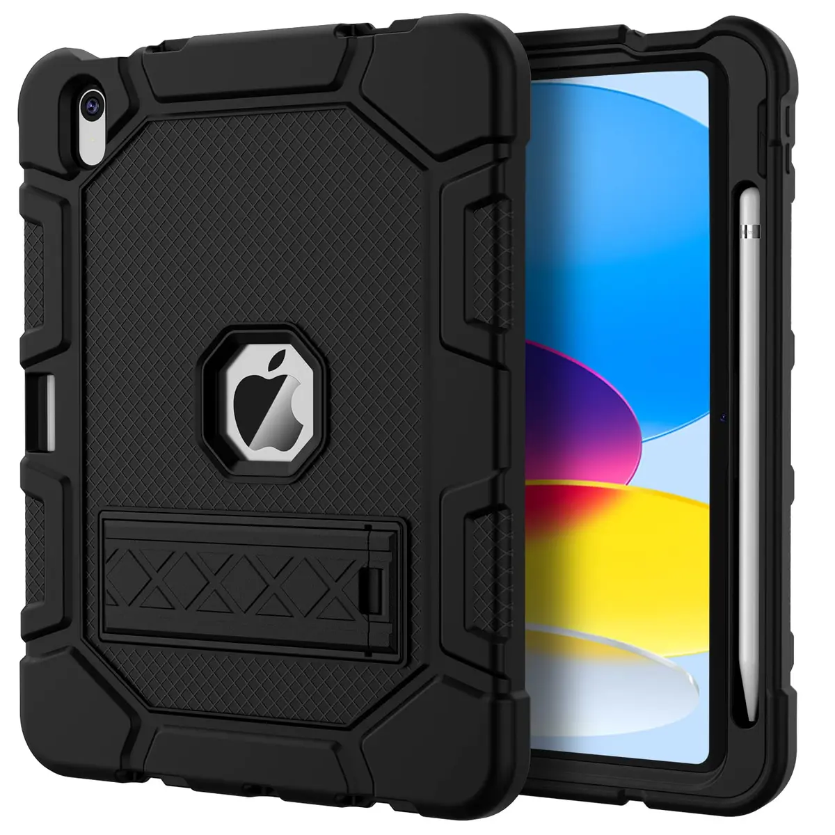 AZZSY Black Rugged Protective Case for iPad 11th/10th Gen 11/10.9 Inch | Built-in Pencil Holder & Kickstand - main product image