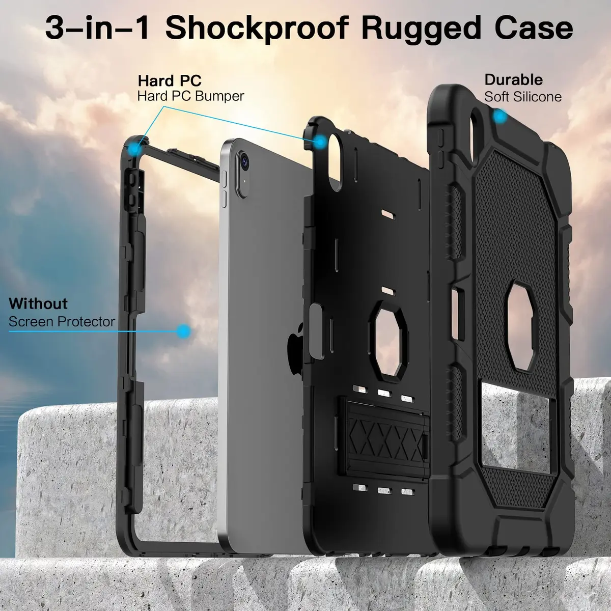 AZZSY Black Rugged Protective Case for iPad 11th/10th Gen 11/10.9 Inch | Built-in Pencil Holder & Kickstand - view 5