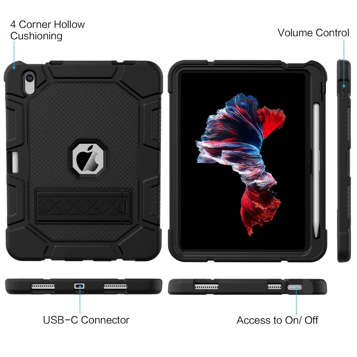 AZZSY Black Rugged Protective Case for iPad 11th/10th Gen 11/10.9 Inch | Built-in Pencil Holder & Kickstand - view 6