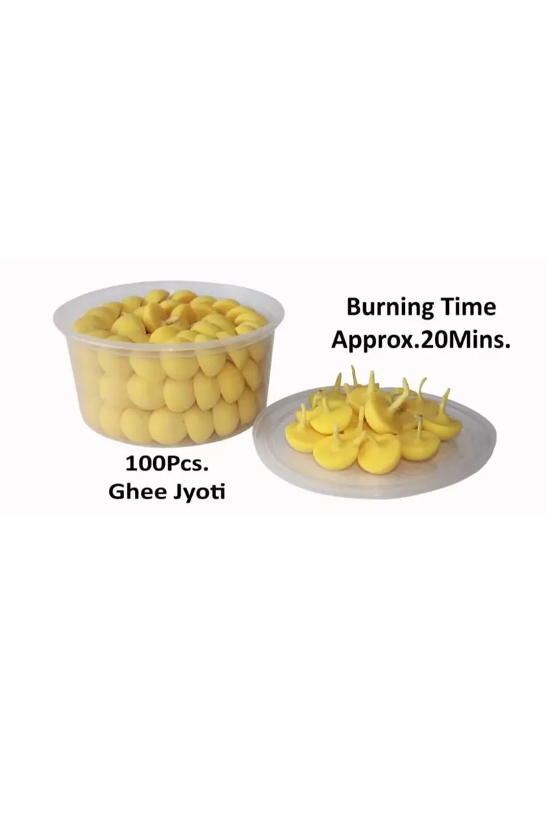 Om Phool Batti Cow Ghee Diya for Puja, 100 Pieces, Wax Free Vegan Ghee Batti/Wicks/Jyot for Puja Aarti, Yellow | 200g (Pack of 100) - view 2