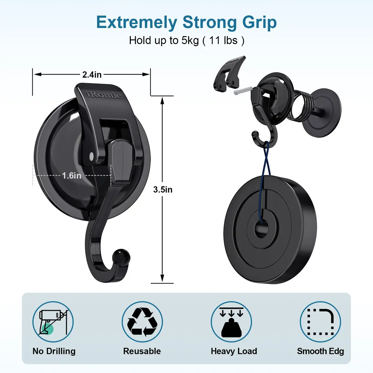 iRomic Heavy Duty Vacuum Suction Cup Hooks (2-Pack, Black) | Holds up to 13 lbs - view 3