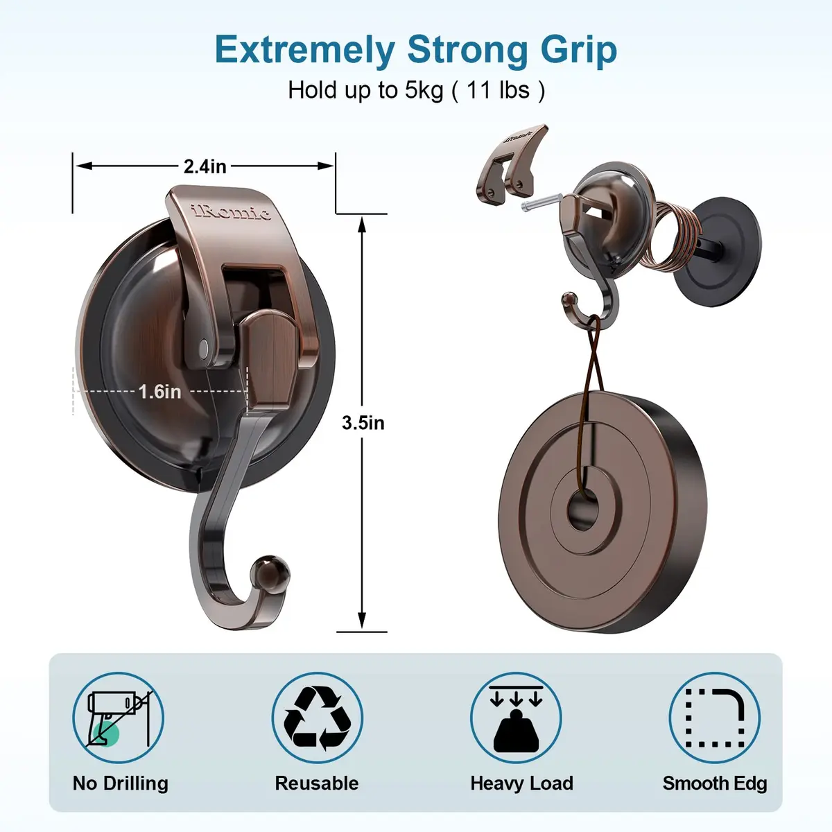 iRomic Heavy Duty Vacuum Suction Cup Hooks (2-Pack, 3.4in x 2.3in x 2.4in) | Damage-Free Organization for Smooth Surfaces - view 3