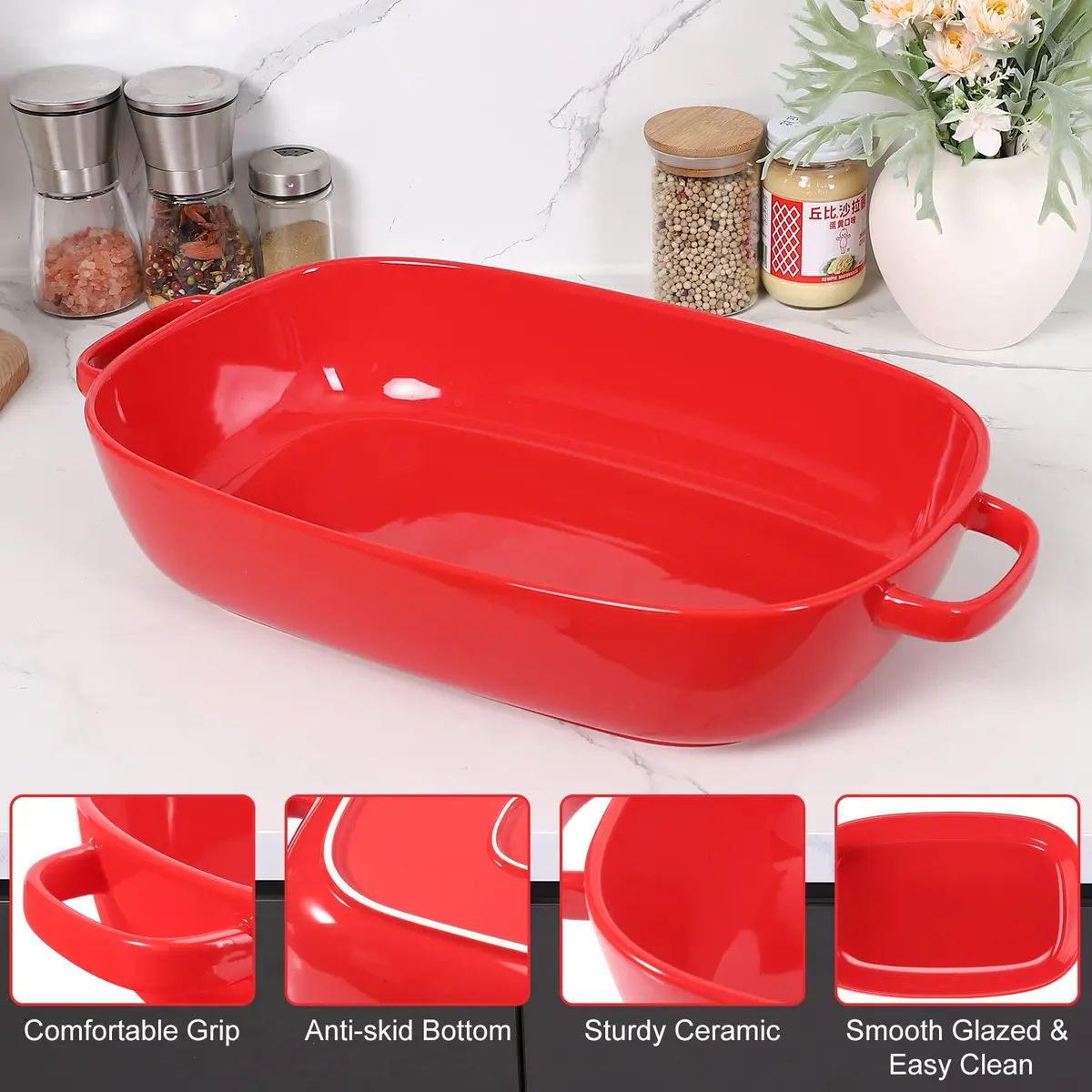 Roeveca 6 Quart Rectangular Ceramic Baking Dish 16x11 Inches | Oven & Microwave Safe, Dishwasher Friendly, Red - view 7