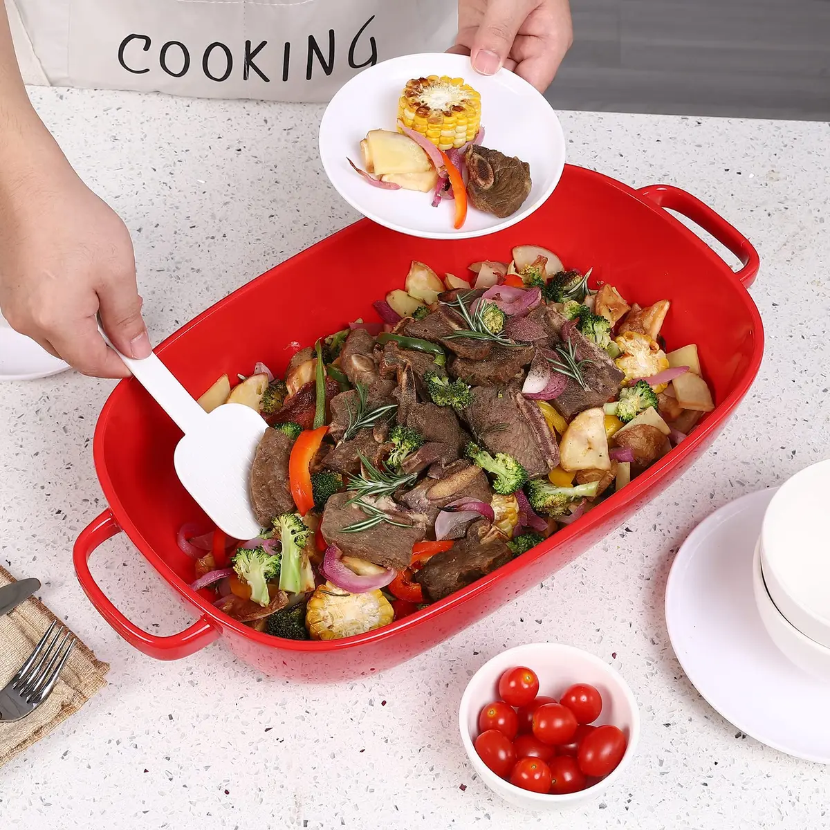 Roeveca 6 Quart Rectangular Ceramic Baking Dish 16x11 Inches | Oven & Microwave Safe, Dishwasher Friendly, Red - view 2